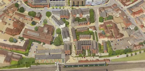 CGI  aerial image of the new development including the mews house style