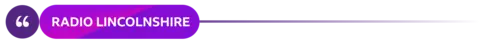 BBC Lincolnshire Branding: A purple line across the page, At the left there's a white quotation mark in a purple circle, it's connected to a bubble with Radio Lincolnshire written in white on a Purple Background.