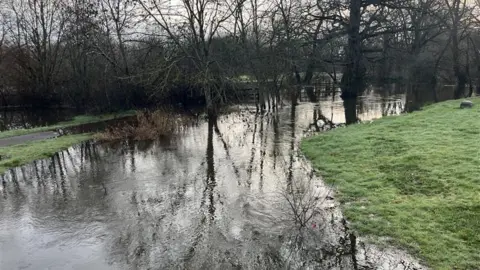 Julia Gregory/BBC A landscape image of flooded river. Trees are reflected in the water