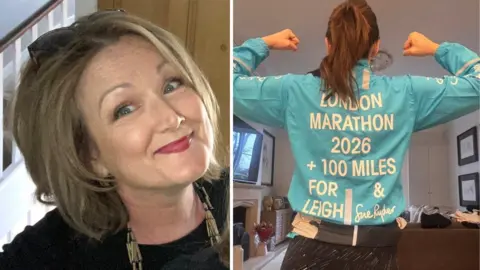 Handout A composite image showing a selfie of Leigh Lawson on the left. She has shoulder length dirty blonde hair and is wearing pink lipstick, tilting her head to the side and smiling at the camera. On the right is Shorting wearing a blue windbreaker jacket which says 'London Marathon 2026 + 100 Miles / For Leigh & Sue Ryder' on the back. She is posing with her biceps tensed and her brown hair in a ponytail, looking away from the camera.