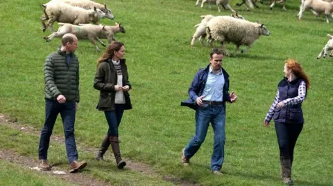 PA Media Clare Wise is walking down a hill with the Prince and Princess of Wales, and her husband. Sheep are running in the background.