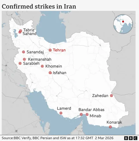 A map of confirmed strikes in Iran at Tabriz, Sahand, Sanandaj, Kermanshah, Sarableh, Khomein, Isfahan, Lamerd, Zahedan, Bandar Abbas, Minab, Konarak