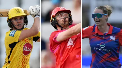 A split graphic of Nat Sciver-Brunt and Phil Salt batting and Lauren Bell celebrating a wicket