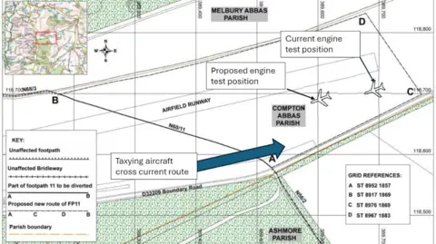 LDRS/Dorset Council A diagram showing how the footpath could be changed to go round the edge of the airfield instead of directly across it. It also shows that the test site for engines could be moved to be slightly further away from where the new footpath would be