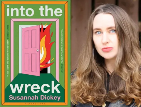 Bloomsbury Circus / James Dickey Into The Wreck book cover (a green hallway with a pink door slightly ajar with flames emerging) next to an image of Susannah Dickey looking to camera. She has shoulder length brown hair and wearing a dark coloured jacket.