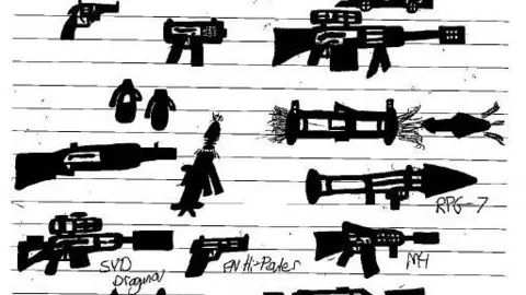 Met Police Guns and grenades drawn in black ink on a lined sheet of paper.