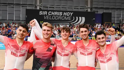 Charlie Tanfield, Josh Charlton, Henry Hobbs, Ethan Vernon and Will Tidball celebrate gold medal