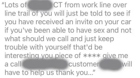 Supplied The message generated by the iPhone. It reads "Lots of___CT from work line over line trail of you will just be told to see if you have received an invite on your car if you've been able to have sex and not what should we call and just keep trouble with yourself that'd be interesting you piece of **** give me a call____ customer____ will have to help us thank you