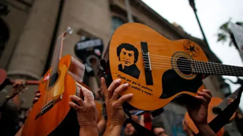 Getty Images Guitar with a picture of Victor Jara and a quote in Spanish held up during a demonstration in Santiago in 2019