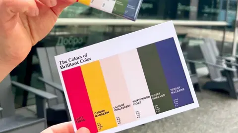 Corning Museum of Glass A postcard with colour strips of red, yellow, ivory, green and blue