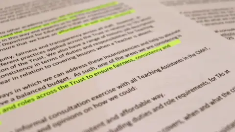 A picture of the letter sent to staff, with some lines highlighted in yellow.