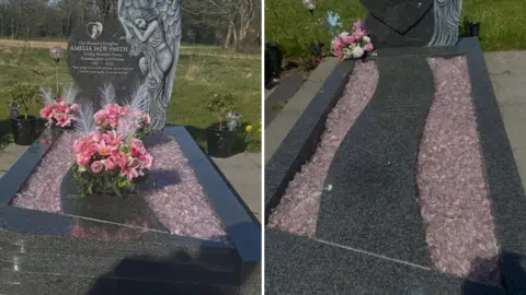 Supplied Two images alongside one another showing a dark grey grave with pink stones, flowers and an angel-shaped headstone