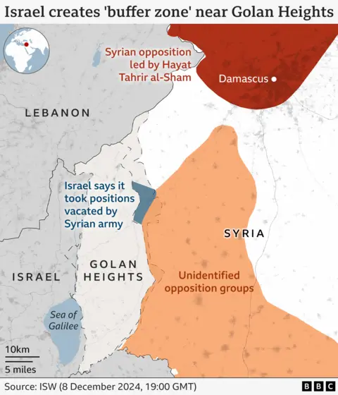 Map showing south west Syria and the Golan Heights, where Israel says its forces have created a buffer zone and taken positions vacated by the fleeing Syrian army