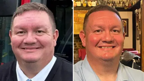 Two images of the same man, Barry, side by side. He has brown hair and is clean shaven and smiling in both. On the left he is standing in front of a bus and wearing a uniform. In the left hand side picture he is in a pub, looking more tanned and he has lost weight. He's wearing a blue shirt.