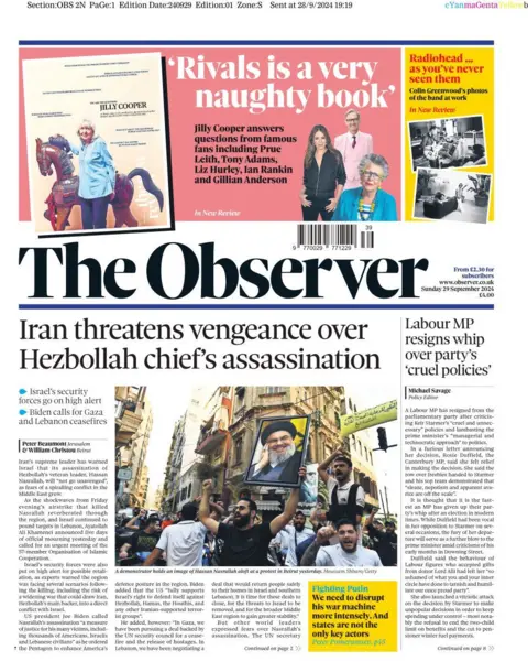 Front leafage   of The Observer for 29 September