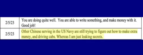 US Justice Department A phone text exchange is displayed on a paper exhibit next to the date February 5, 2023. The top line is from Wei's mother and reads, "You are doing quite well. You are able to write something, and make money with it. Good job!"
A text from Wei is written below his mother's note which reads, "Other Chinese serving in the US Navy are still trying to figure out how to make extra money, and driving cabs. Whereas I am just leaking secrets."