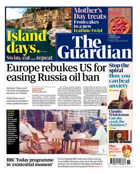 The headline on the front page of the Guardian reads: "Europe rebukes US for easing Russia oil ban."