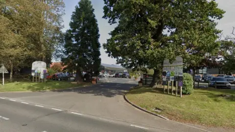 Google An entrance into a garden centre. There are tall green trees on both sides of the road and two signs in front that read "Bell Plantation".