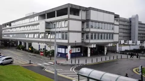 The main entrance of the Aberdeen Royal Infirmary building at Foresterhill, Aberdeen.