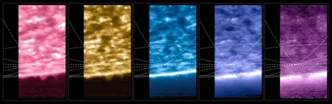 ESA Five similar snapshots of a slice of the Sun's surface, but each one is a different bright colour. from left to right: pink, gold, blue, purple and mauve.