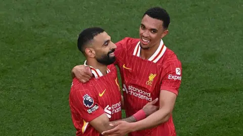 Mohamed Salah and Trent Alexander-Arnold celebrate together