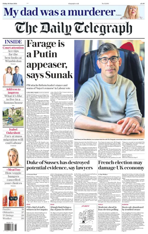 Daily Telegraph: Farage is a Putin appeaser, says Sunak