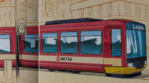 Metro Magazine drawing of one of the proposed MetroLine trains from 1988 - a red and yellow tram with its destination marked as Leeds.