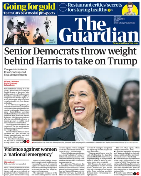 The Guardian headline reads: Senior Democrats throw weight behind Harris to take on Trump