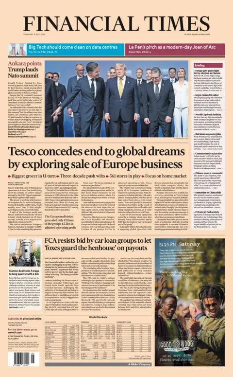 The headline for the front page of the Financial Times reads: 'Tesco concedes end to global dreams by exploring sale of Europe business.'