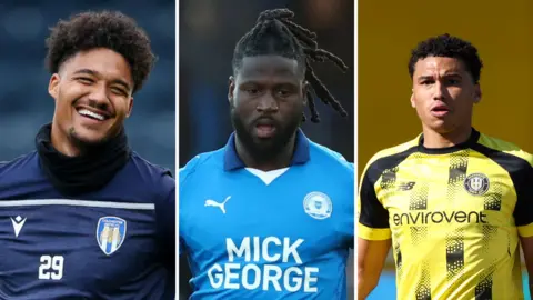Left: Shamal George wearing Colchester United goalkeeping training top and gloves.
Centre: Jacob Mendy running on the pitch wearing blue Peterborough United kit.
Right: Chanse Headman wearing the yellow home shirt of Harrogate Town.