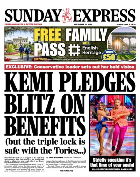 The headline on the front page of the Sunday Express reads: "Kemi pledges blitz on benefits".