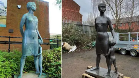 North West Leicestershire District Council/BBC A composite image of a bronze statue of a woman in a dress with a child hugging her leg. The left hand image shows shows the statue as green coloured, before the restoration. The right hand image shows it darker and shinier after a cleaning.