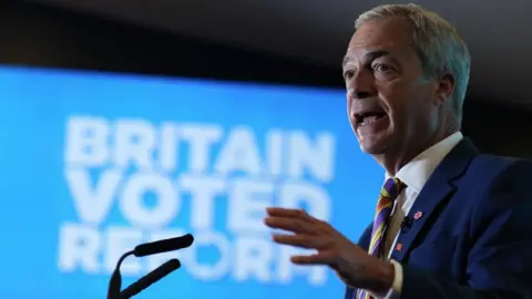 PA Media Nigel Farage, who has parted grey hair and is wearing a navy suit with a white shirt and a multi-coloured tie, stands on a stage behind microphones. In the background, and slightly out of focus, is a large electronic screen with the words BRITAIN VOTED REFORM in white letters against a light blue background.