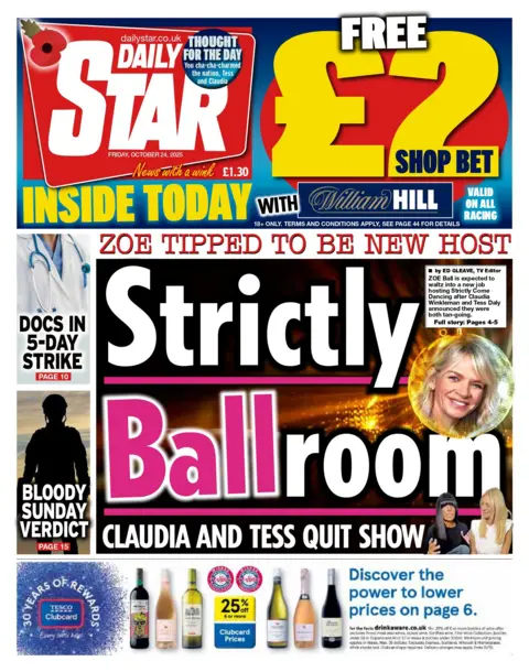 "Strictly Ballroom: Zoe Tipped be new host", reads the headline on the front page of the Daily Star.