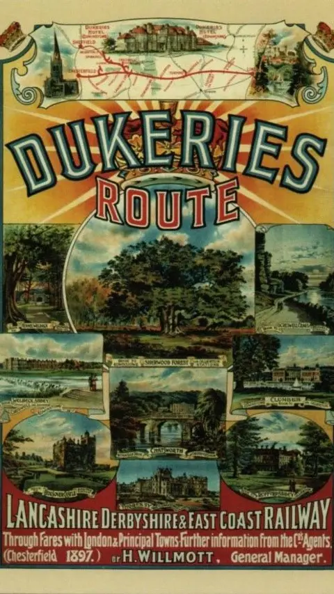 Edwinstowe Historical Society A late 19th Century travel poster, advertising the Dukeries Route, with images of stateley homes and the Major Oak