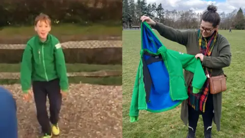 A composite image. On the left is a photo of 12-year-old Isaac wearing the green coat at a park. The picture is quite blurry as it's a screenshot from a video of him pushing a swing. On the right is a photo of Vicky holding up the green jacket eight years later. She is standing on a field and is looking at the jacket. 