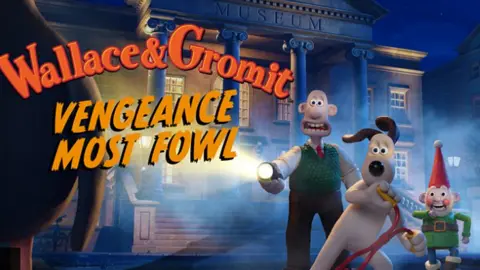 A marketing advert for the new film with "Wallace & Gromit, Vengeance Most Fowl" written in large capital letters and Wallace looking scared, holding a flashlight in the dark, with Gromit on a scooter and a smiling gnome