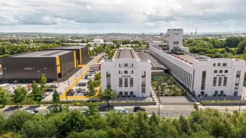 Font Comms CGI image of how the development could look, showing two large white buildings and two large studio grey and yellow studio blocks.