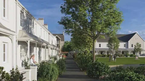 A residential neighbourhood with grey/white houses featuring porches and chimneys. A tree-lined pathway runs through the cente, bordered by green bushes and plants. People are seen enjoying the outdoors, with some sitting on porches and others walking or standing on a grassy area in front of a larger building in the background.