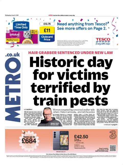 The headline on the front page of the Metro reads: "Historic day for victims terrified by train pests."