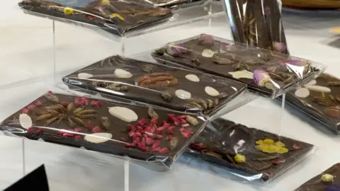 Bars of chocolate decorated with petals and mealworms