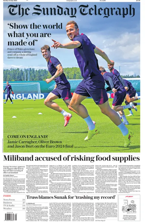 The main headline on the front page of the Sunday Telegraph reads: "Miliband accused of risking food supplies"