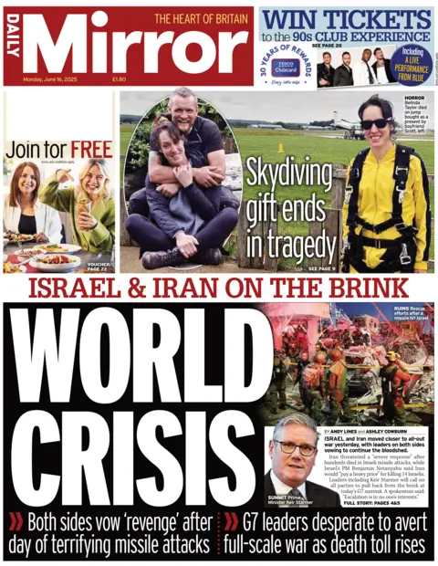 The front page of the Daily Mirror. The headline reads "World crisis" and features two images. One is of Sir Keir Starmer and another is of a ruined building in Israel.