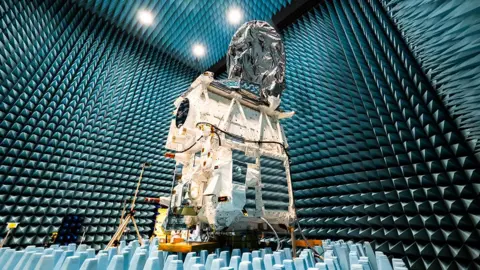 Airbus Satellite Earthcare undergoes frequency tests in an anechoic chamber