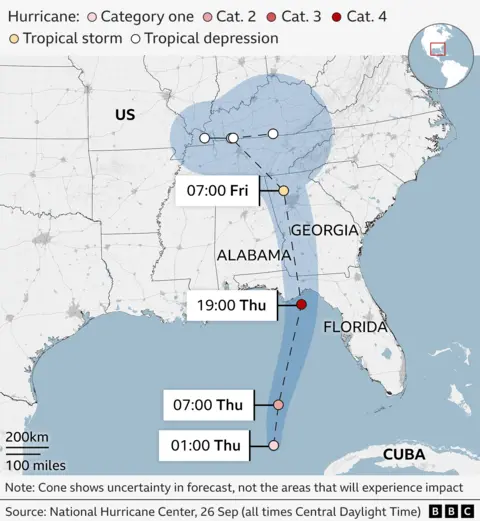 Graphic showing the forecast path of Hurricane Helene. As of 01:00 local time Thursday it was north of Mexico and heading north towards the US. It is due to become a category four hurricane at 19:00 local time on Thursday before making landfall in northern Florida shortly afterwards. 