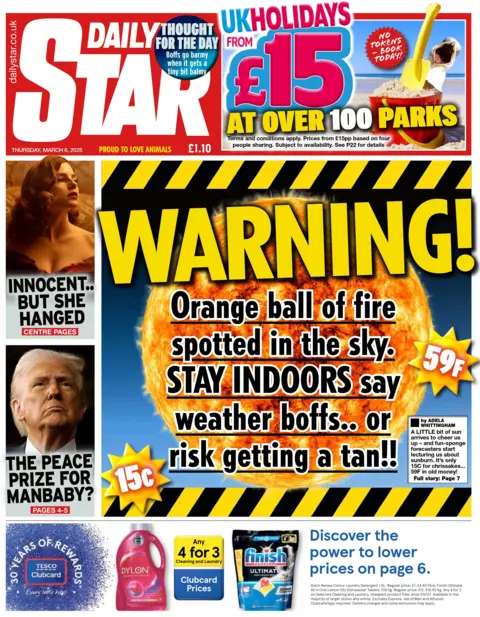 The headline on the front page of the Daily Star reads: "Orange ball of fire spotted in the sky."