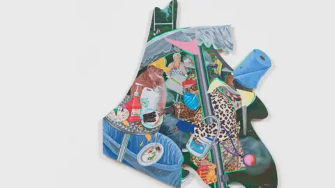 Flo Brooks A modern artwork by Flo Brooks showing various faces, food and paint. It is one of the artworks exhibited as part of a partnership between The Box and KARST