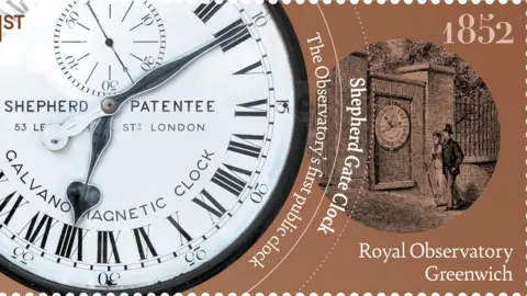 Brown stamp with a clock face on it