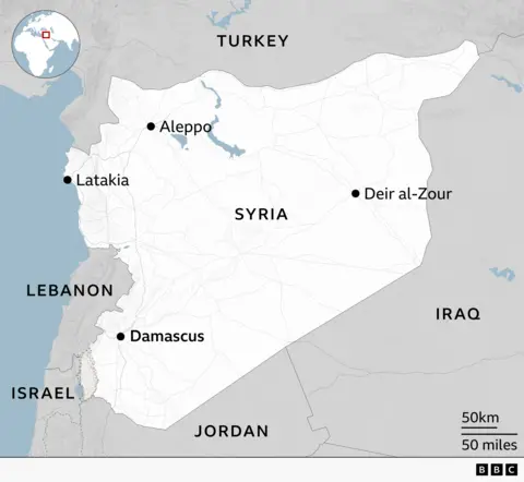 Map showing Latakia on the coast on the west of Syria, with major cities marked - Damascus in the south-west of the country, Aleppo in the north and Deir al-Zour in the east.