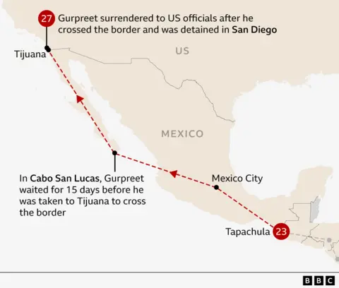 Sebuah peta yang menunjukkan bagian terakhir dari perjalanan Gurpreet, dari Tapachula ke Mexico City dan kemudian ke Cabo San Lucas, sebuah kota di ujung selatan Semenanjung Baja California. Dia menunggu 15 hari sebelum dibawa melintasi perbatasan di Tijuana dan mencapai San Diego - di mana dia menyerah kepada para pejabat AS.